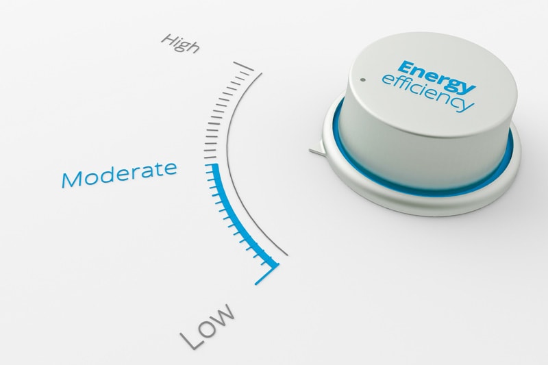 SEER––What Does It Mean? Circle knob with "Energy efficiency" written on it next to a scale of "high, moderate, low.”